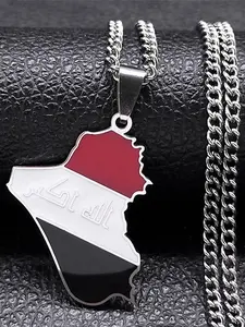 Iraq Republic Map Country Flag Pendant Necklace Women Men Stainless Steel Silver Color National Day Modern Fashion Accessories Cuban Link Chain