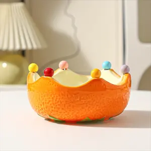 7Pcs Ceramic Orange Fruit Plate & Fork Set (1 Plate + 6 Forks), Lucky "Great Luck" Design Serving Bowl with Fruit Fork Storage, Dessert Forks & Decorative Bowl for Living Room Coffee Table, Cute Creative Home Table Decor Ornament