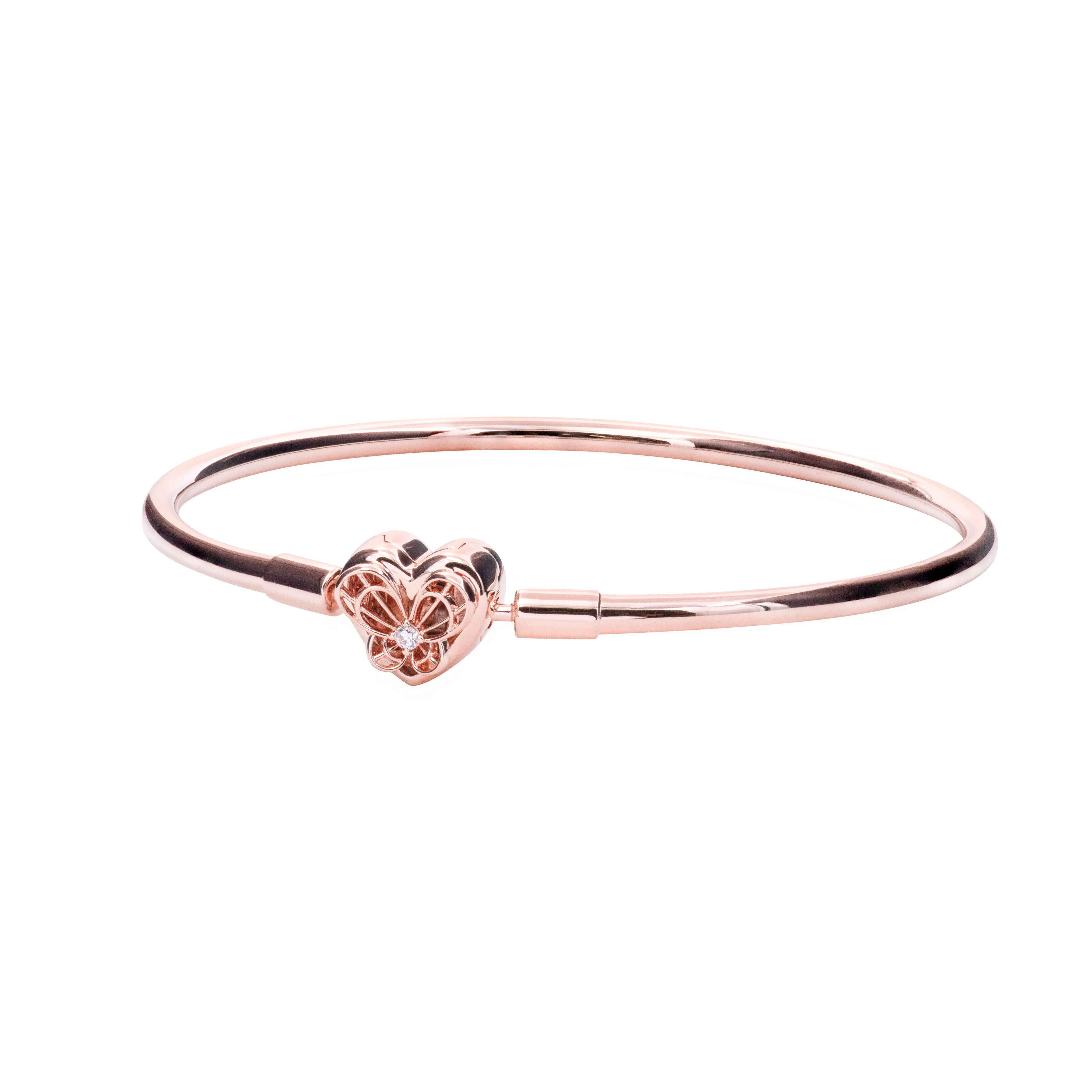 PANDORA Moments Series Heart Clasp Bangle, Rose-Gold Plated Charm Bracelet with Butterfly Detail and Sparkling Cubic Zirconia, Mother's Gift