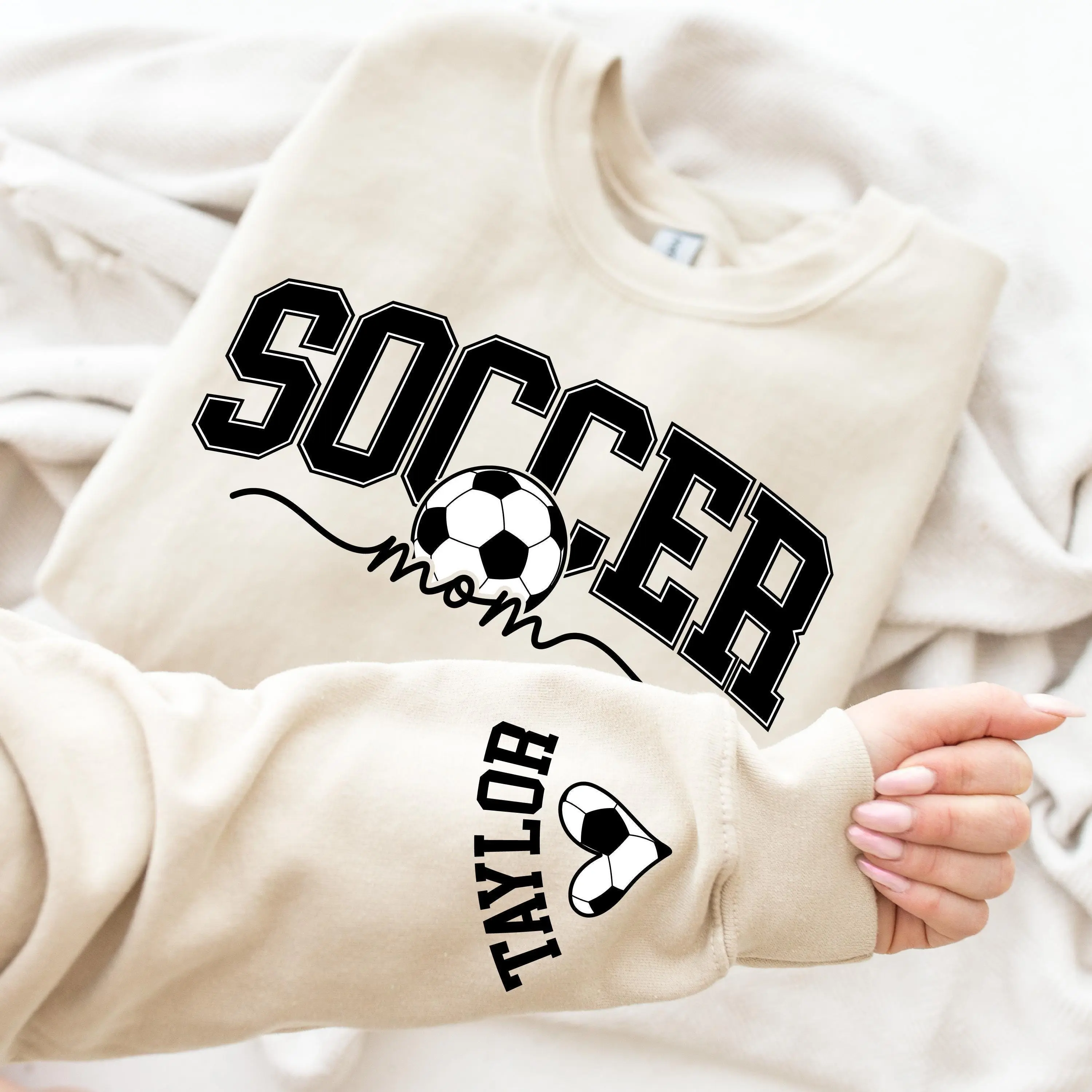 Personalize Soccer Mom Kids Name On Sleeve Sweatshirt, Mom Soccer Tee, Gift For Soccer Mom, Fall Soccer Season Shirt, All-weather Gear, Classic Cotton