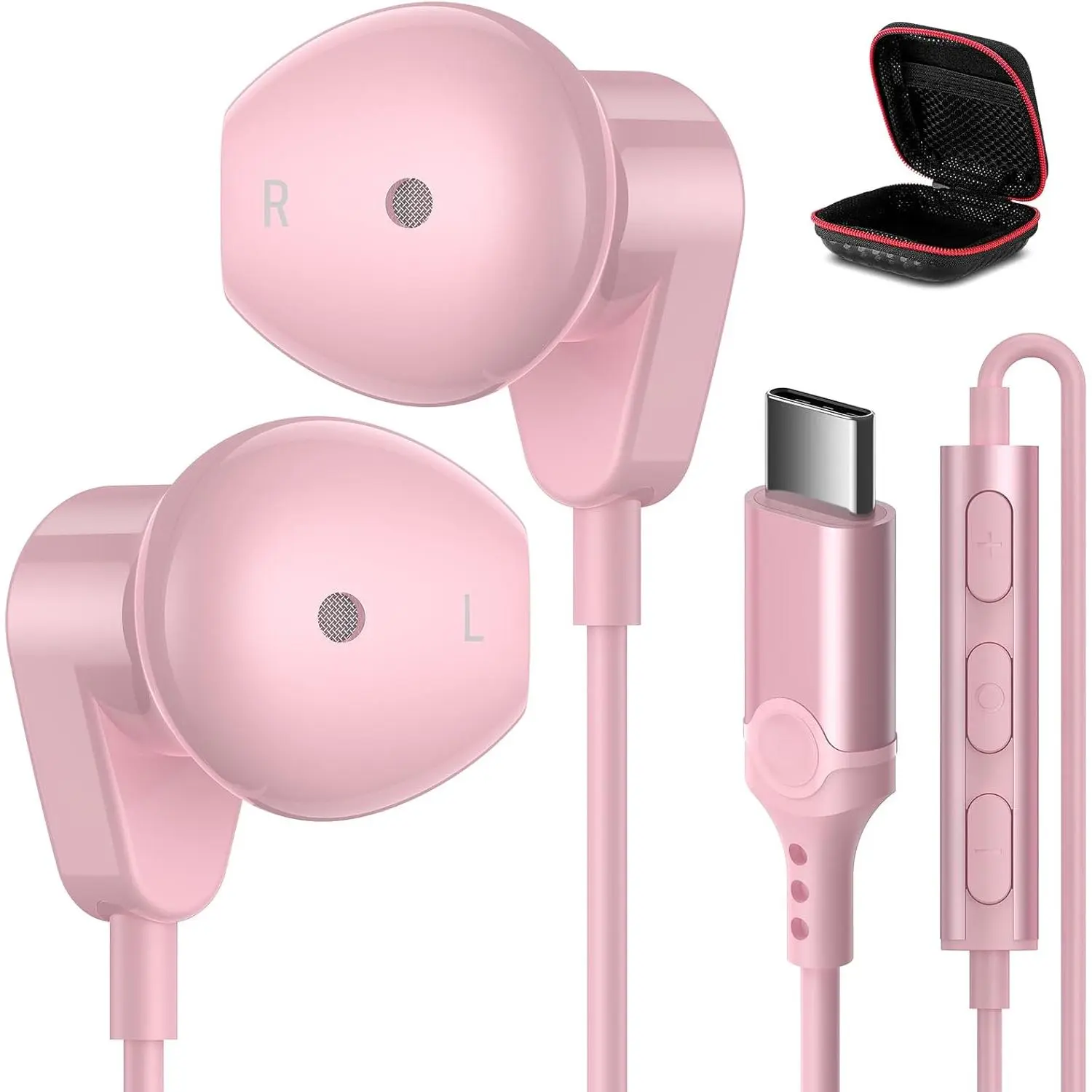 h-35  USB C Headphones for iPhone 15 Plus 16 17 Pro Max iPad Pro USB-C Wired Earbuds with Microphone Volume Control HiFi Stereo Type C Earphones for Galaxy S26 S25/S24/S23/S22, Pixel 10 9 8 7 6, Pink