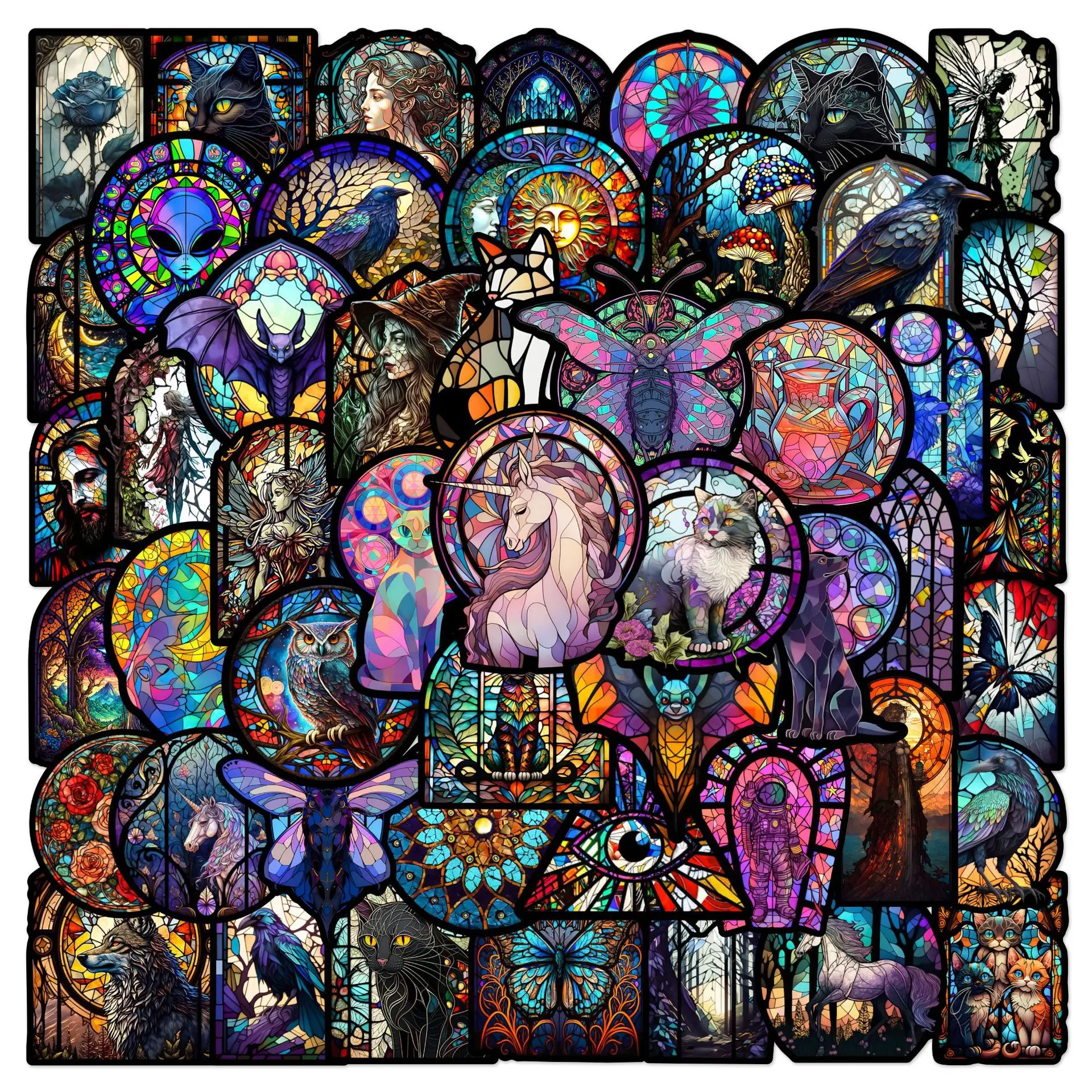 50 Stained Glass-Style Graffiti Stickers, Suitable for Scrapbooks, Diaries, Laptops, Water Bottles, Cars, and Other Faith-based Designs; Gifts with Positive Messages; Car Decals, Car Decorative Sticker, Car Decoration