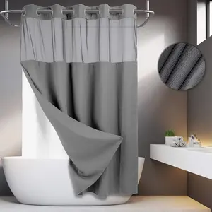 Grey No Hook Shower Curtain with Snap in Liner -greyWagonfly Double Layer Shower Curtain -FabricWaterproof Inner Liner, White Cloth Shower CurtainsWashable,72 x75 Inch showercut