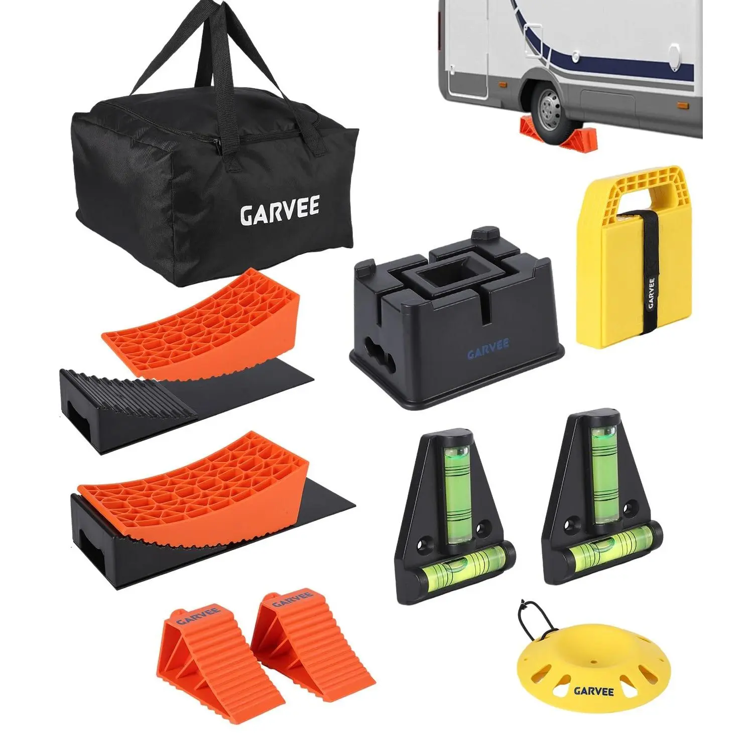 GARVEE Travel Trailer Leveling, Stability, and Security Kit, RV Leveling Kit, Exterior Leveling Stablilization Levelers - Two Axle Leveling kit, Trailer Hitch Stand, Stabilizer Pads, Jack/Wheel Chock