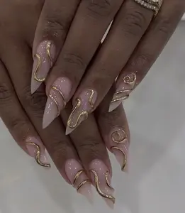Nude Gold Chrome Swirl Press On Nails, Glossy Stiletto Luxury Minimal Nail Set, Pink Ombre, Gold 3D Swirl & Vine Art