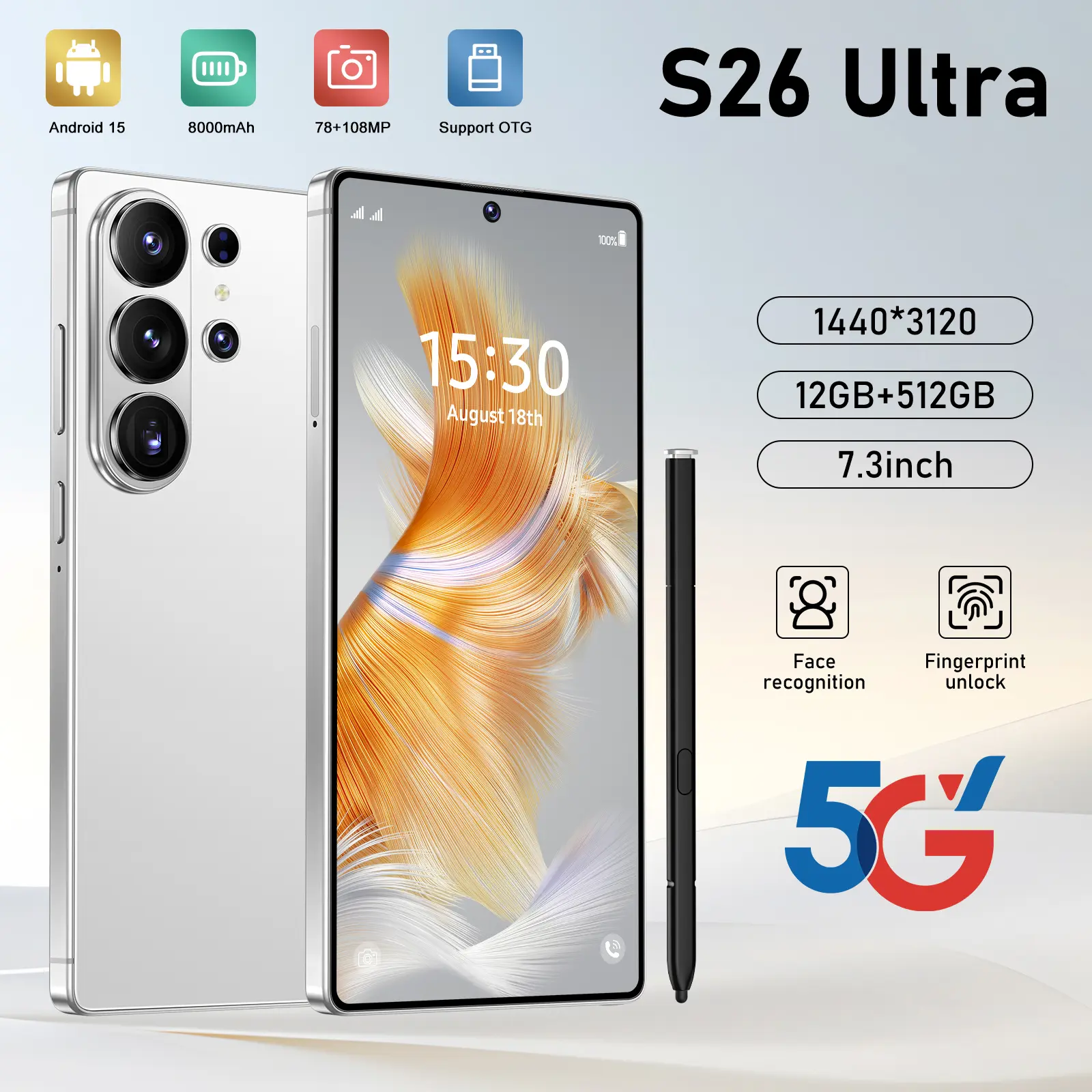 2026 New S26 Ultra 5G Unlocked Phone, Android 15, 12GB RAM + 512GB ROM, 6.99" HD Screen, 78MP+108MP Camera, 8000mAh Battery, Dual SIM, Stylus, Full Accessories
