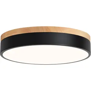 Modern Wood Oak Black Flush Mount Ceiling Light Dimmable LED Ceiling Light Fixture 2700K-6000K 5CCT Minimalist Circle Close to Lighting Lamp for Kitchen Bathroom Bedroom Laundry Room, 11.8''