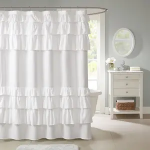 Grace Ruffled Shower Curtain, Solid Cottage Top Shower Curtains for Bathroom, 72 X 72, White
