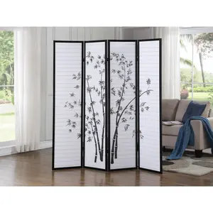 Bamboo Print 4-Panel Framed Room Screen/Divider, Black,Folding (Using high-quality and premium materials),Room Dividers,Room Divider Privacy Screens,for Home Office Bedroom