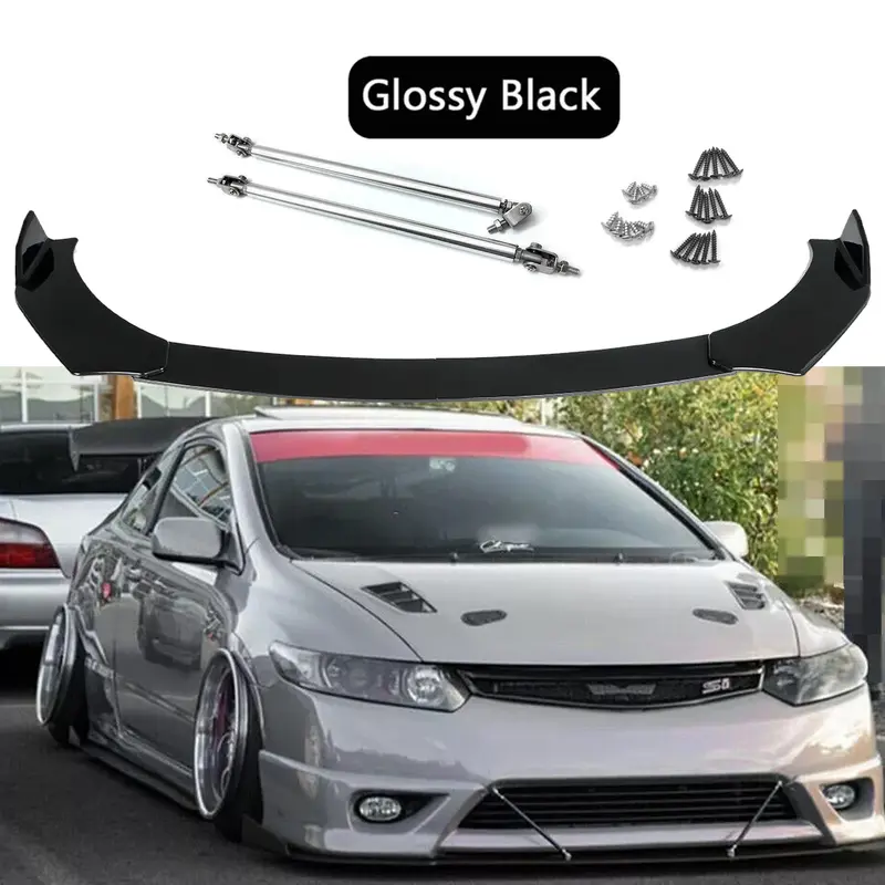 Front Bumper Lip Splitter Chin Spoiler + Strut Rods, 1 x Set of Front Bumper Lip Front Spoiler for Honda Civic SI 2006-2019, Plastic ABS Durable Sturdy Car Exterior Accessory with 1 x Bag of Screws