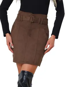 INSPIRE CHIC Vintage Boho High Waist Belted Faux Suede Pencil Skirt Dark Brown