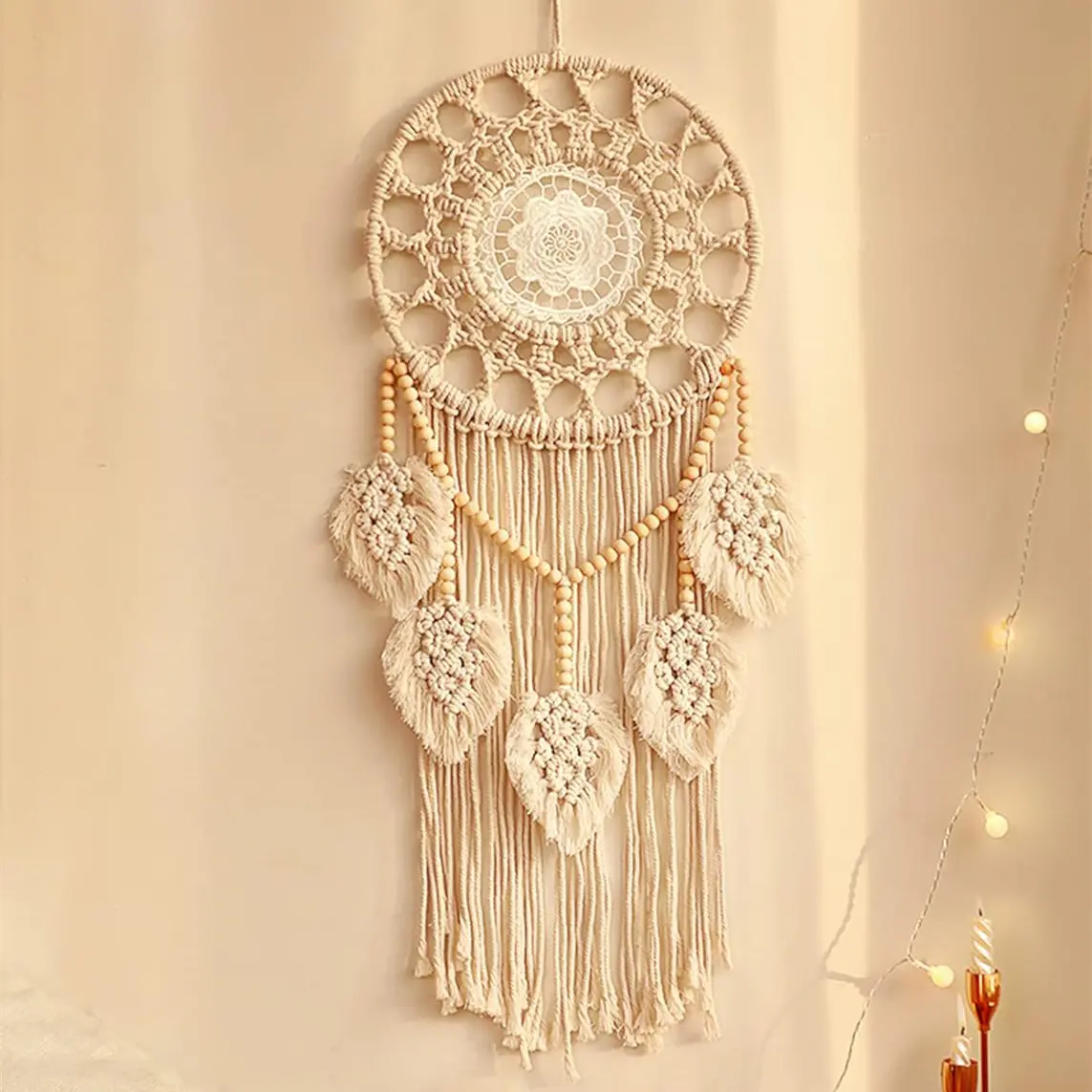 1pc Boho Wall Hanging with 5 Woven Leaves & Wooden Beads, Large Macrame Tassel Decor for Bedroom, Christmas, Easter, Valentine'S Day, Thanksgiving - No Electricity Needed, Featherless Home Ornament, Boho Home Decor