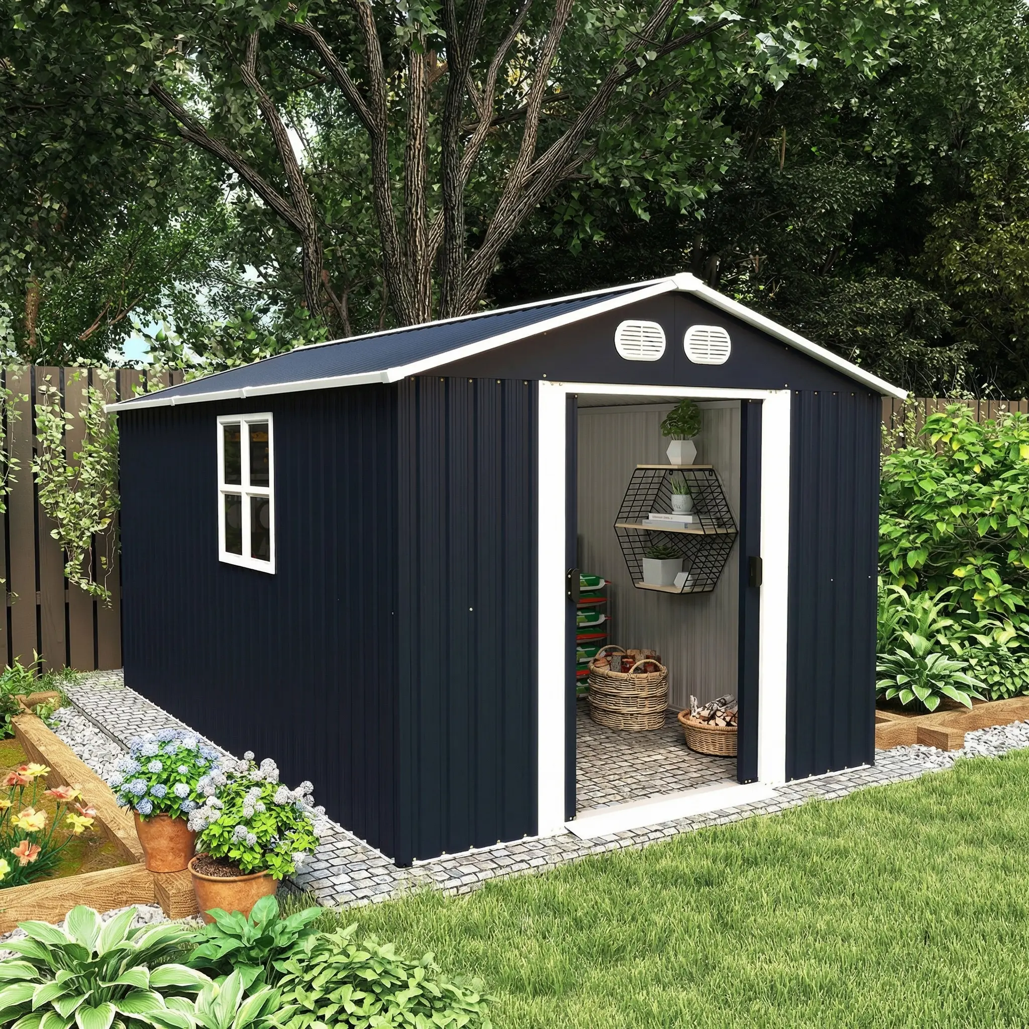 8x12 FT Outdoor Metal Storage Shed with Lockable Door & Sturdy Frame, Large Garden Tool Shed for Backyard, Lawn & Patio