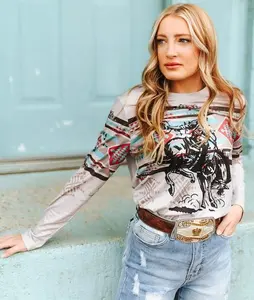 Light Grey Aztec Kicking Horse Printed LS Top