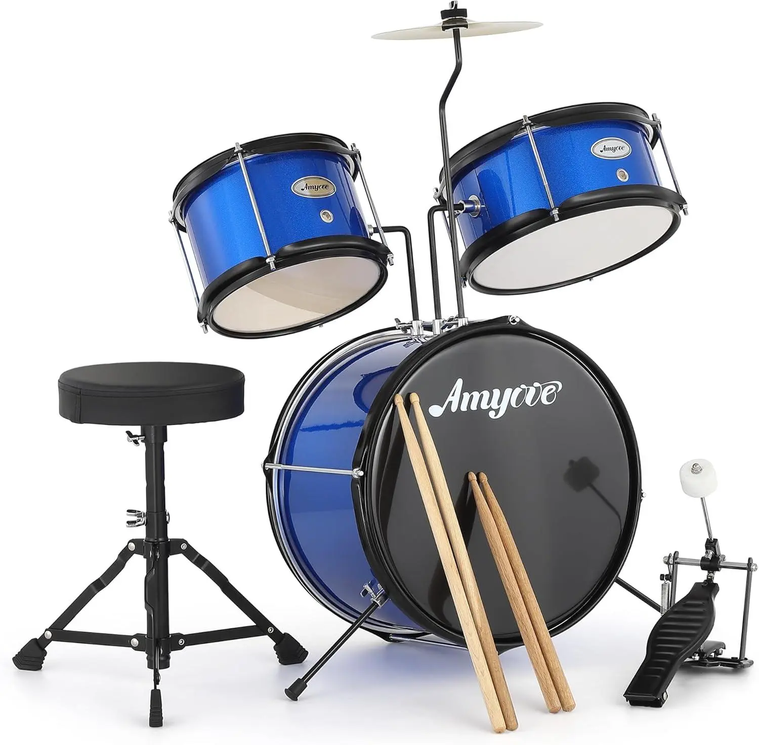 Gaomon Wooden Kids 3-Piece Drum Full Kit - Bass Drum, 2 Toms, Cymbal, 2 Drumsticks, Pedal, Cushioned Throne Stool, Blue Round Steel Instrument for Learning, Playrooms, Bedrooms Compact Fit, Crash Play, Boy, Smooth Shell