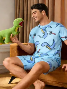 Viral TikTok Men's Dinosaur Pajama Set - Lightweight Elastic Stretch Fitted Fabric Short Sleeve Sleepwear, Fun Graphic Print Loungewear for Cozy Nights In, Trending Comfy Home Outfit, Perfect for Lazy Days & Sleepovers Pyjamas Pjs