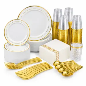 350/700 PCS Disposable Dinnerware Set - Gold & Silver Plastic Plates, Cups, Cutlery for Party, Wedding Supplies - Elegant, Durable, Convenient Kitchen Tableware Set