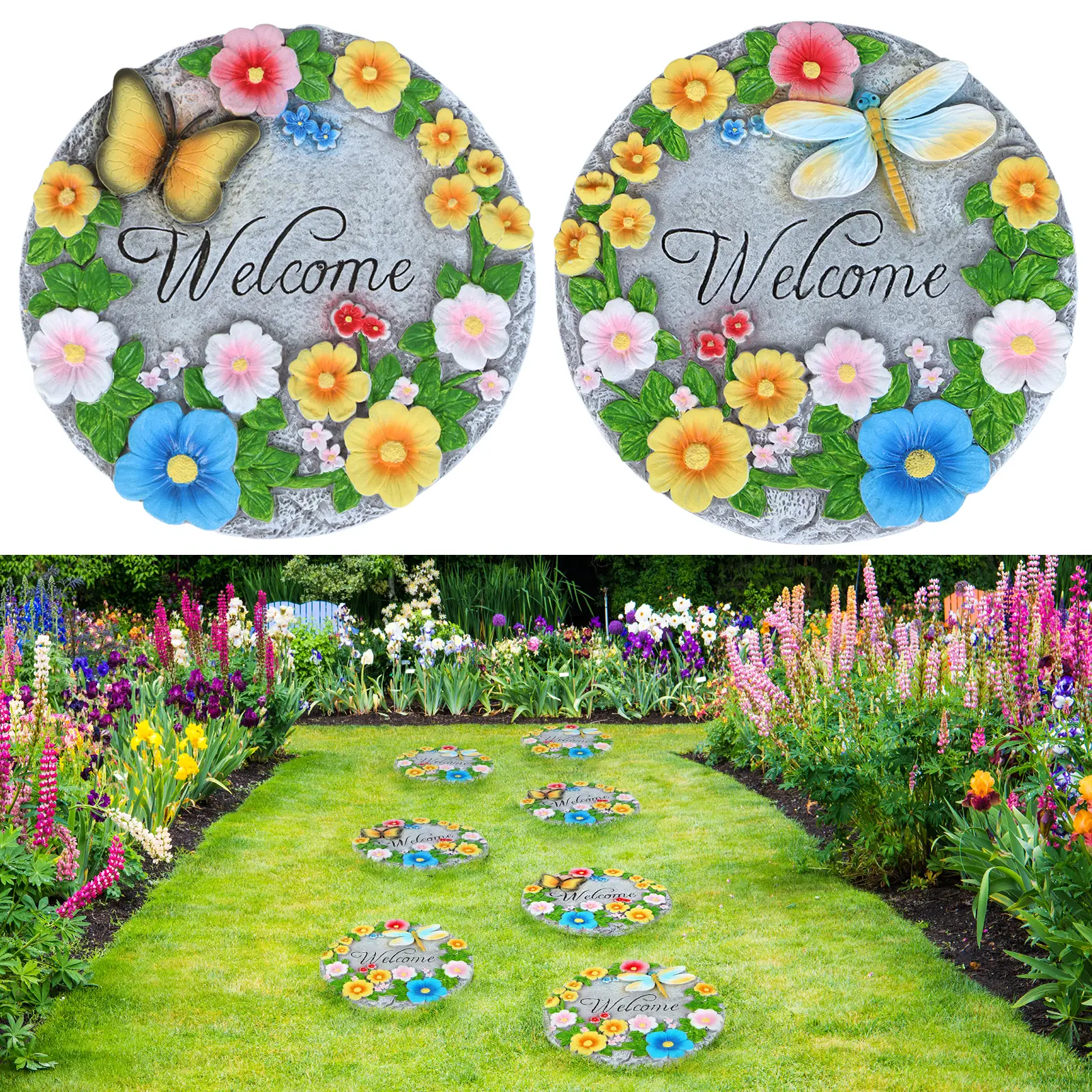 2‑Pack 10‑Inch Round Stepping Stones with Flowers, Butterflies and Dragonflies, for Outdoor Yard and Patio Decoration