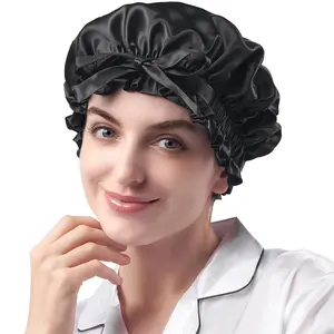 Double Layered  Mulberry Silk Bonnet for Sleeping Women, Large 22MM Luxury Silk Sleep Cap with Elastic Band & Tie,  Night Wrap for Hair Care Short Long Curly Hair, Black