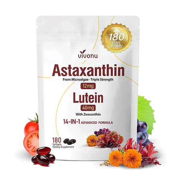 14-in-1 Astaxanthin 12mg & Lutein 40mg with Zeaxanthin, Eye, Skin, Joint, Circulatory & Antioxidant Support, Fresh Microalgae Source, Non-GMO, Gluten-Free, 180 Softgels (6-Month Supply)