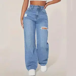 Mom Jeans Women Denim Pant Wide Leg Long Pants Hole High Waist Straight Trousers Y2k Streetwear Work Splice Casual 2025 Punk