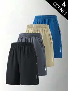 4-Pack Men’s Summer Ice Silk Lightweight Breathable Knee-Length Shorts — Trendy High Street/Street Style Casual Loose Fit, Versatile Running & Fitness Shorts for Men