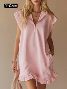 Women's Summer Sleeveless Dress with Dual Pockets, Half Zip V-Neck Pleated A-Line Skirt, Casual Chic Fashion Elegance for Ladies, Casual Elegant Dresses, Womenswear