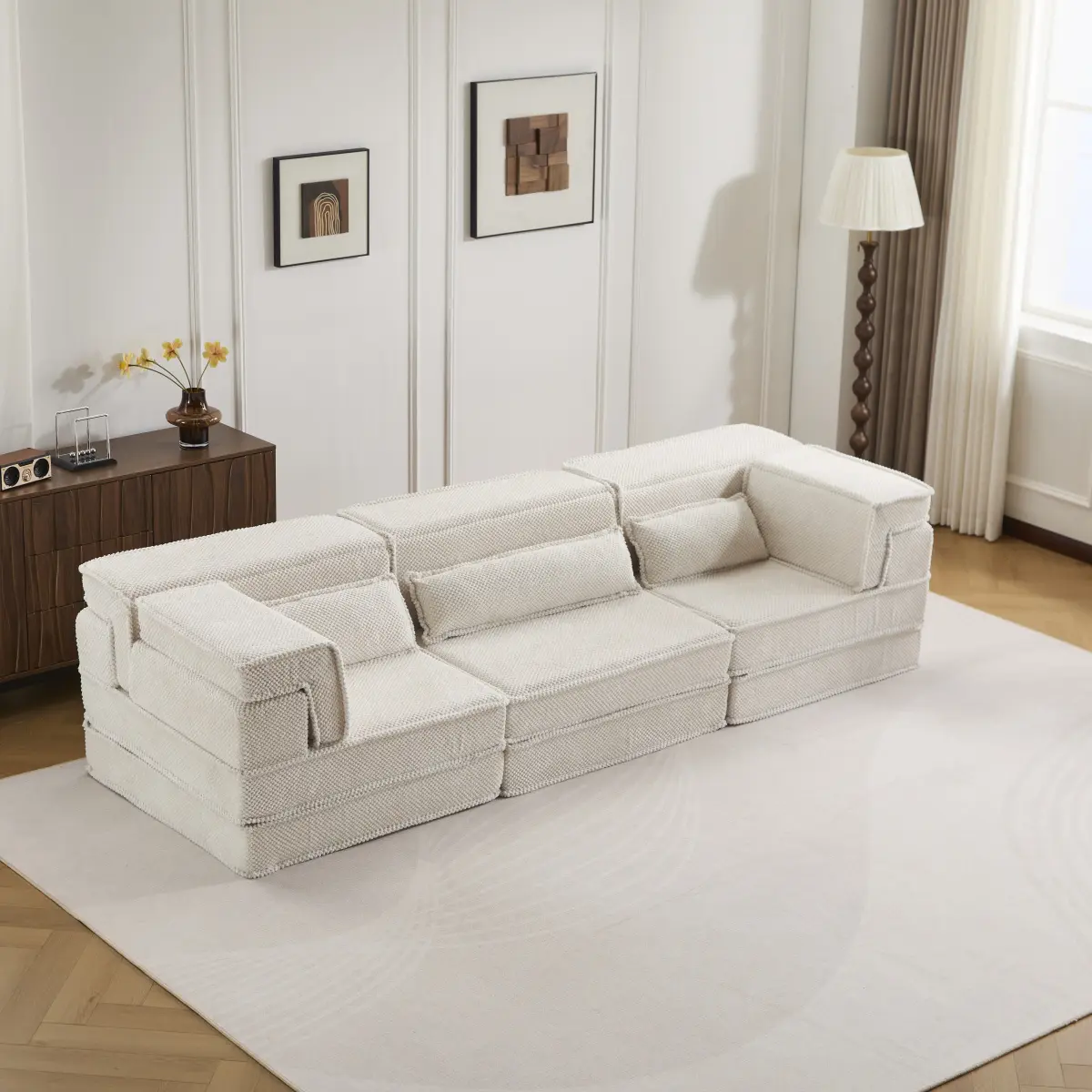 Compression Mahjong Sofa,Convertible Floor Sofa Bed,DIY Boneless Modular Sectional Sofa,No Assembly Required,Circle fleece fabric,Oversized 3 Seater with 3 Pillows,White
