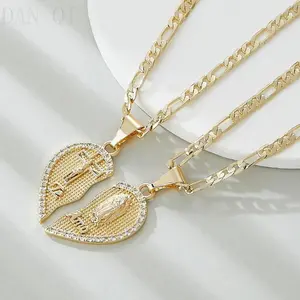 Matching Couple Necklaces, 2-Piece Gold-Tone Breakable Heart with Engraved Jesus Cross & Virgin Mary, Religious Crucifix Jewelry Gift, Cross Chain Design