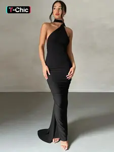 Women's Plain Ruched O-ring Backless Halter Neck Bodycon Knit Dress, Summer Clothes for Women, Elegant Maxi Dress for Evening Party Club Formal Wear
