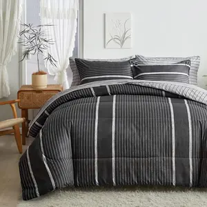 3 count Boho Striped Comforter Set Full Full/ Size, White Striped  Black Dark Grey Soft Microfiber Reversible Bedding Set for