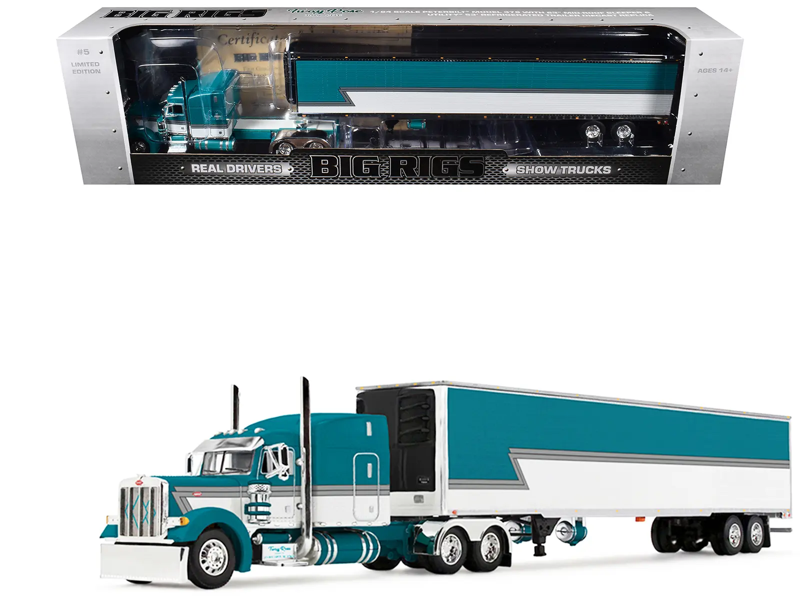 Peterbilt 379 with 63" Mid-Roof Sleeper and 53' Trailer with Reefer  1/64 by DCP/First Gear
