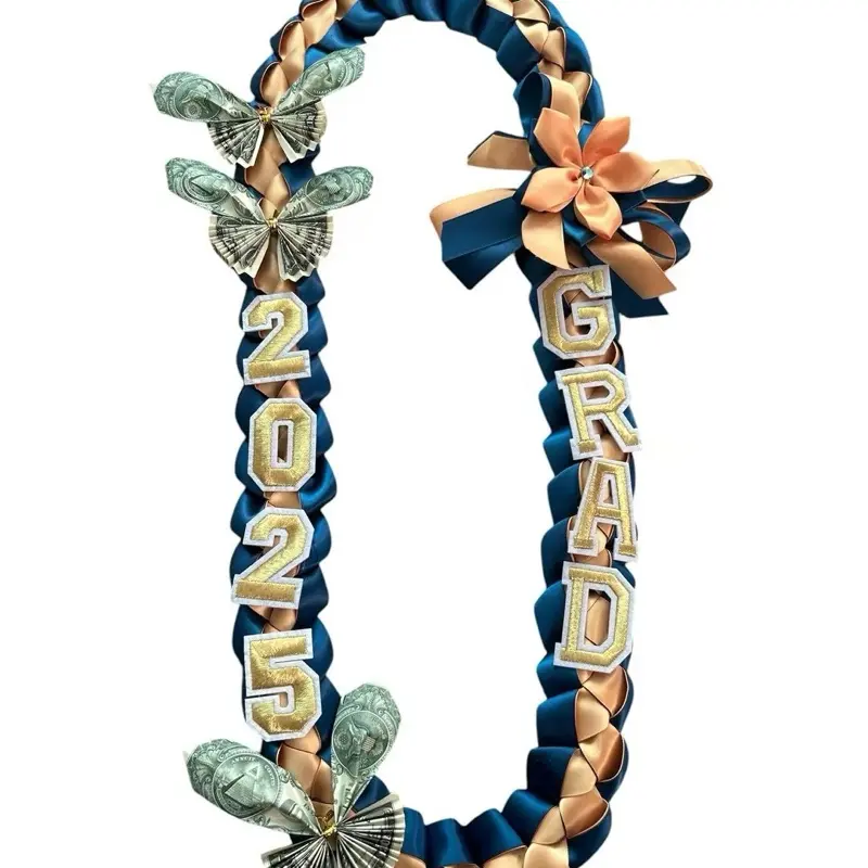 Graduation Leis With Butterfly 2025 - Decorative Bows with Butterfly Accents, Gold Lettering, and Blue and Gold Color Theme