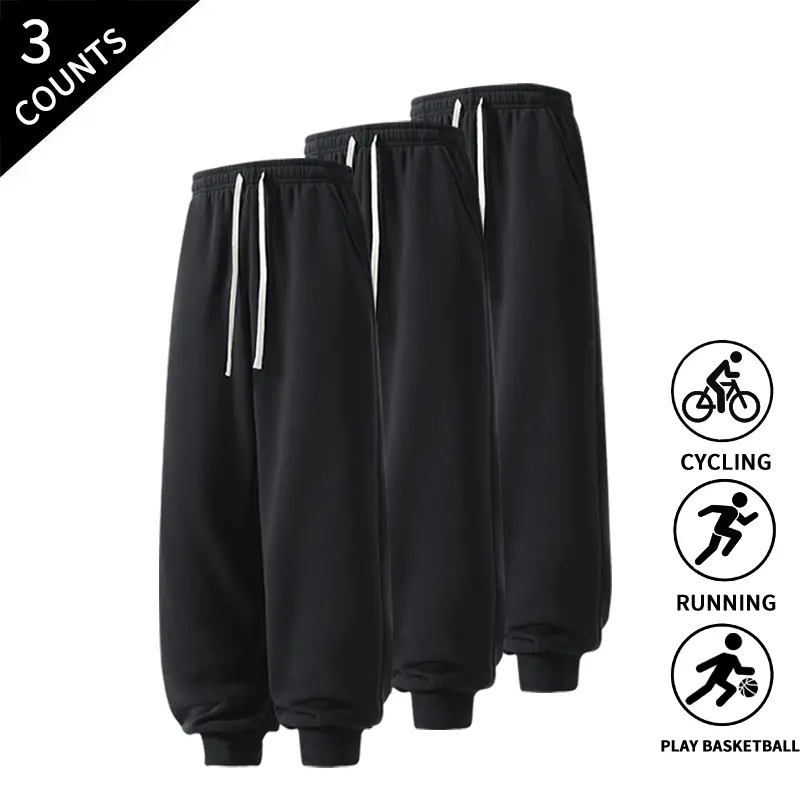 3-Pack Men Straight Leg Beam Foot Trousers Comfort Casual Workout Streetwear Pants