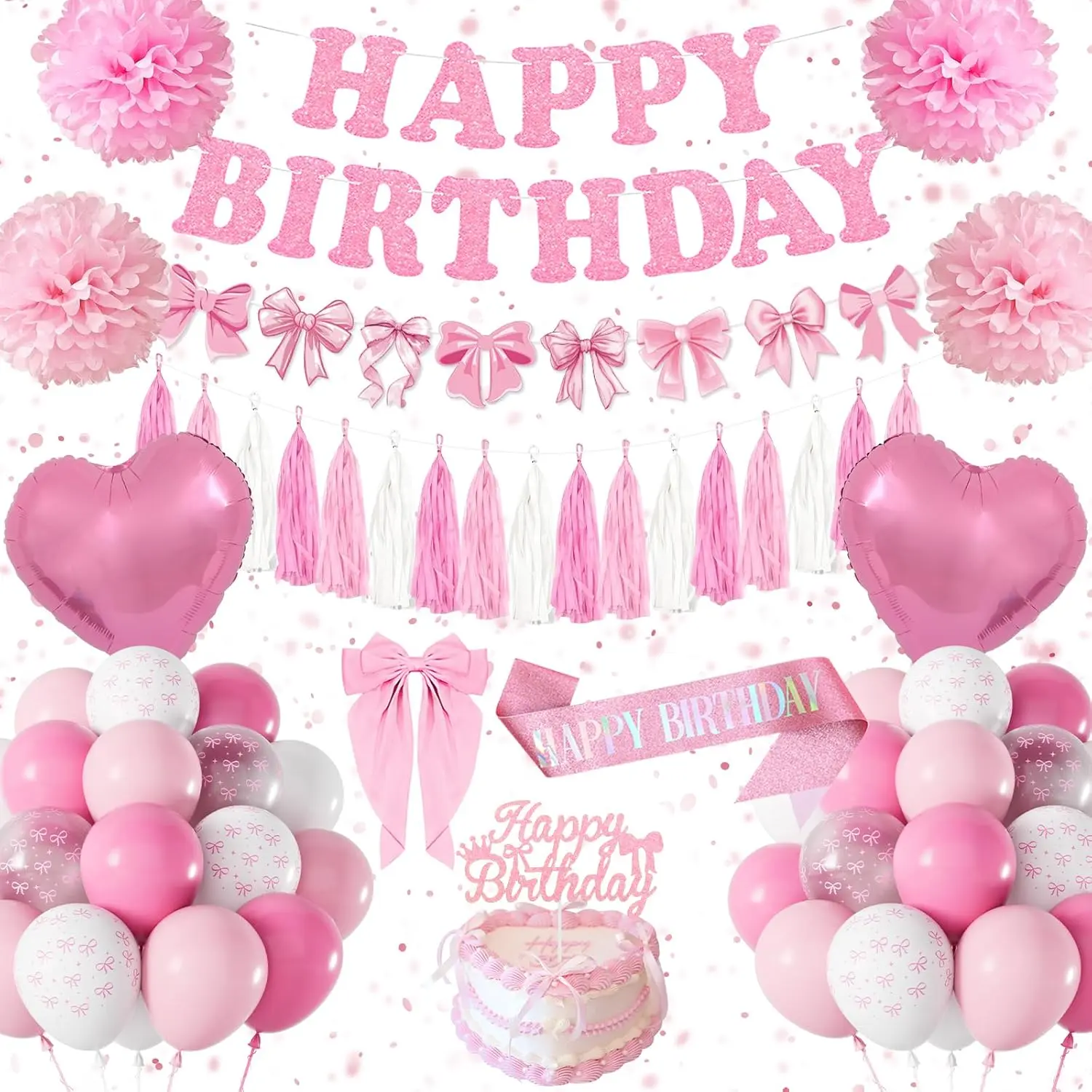 Birthday Decoration,  Bow  Party Decorations, Bow Themed Decorations for Girl Women, Happy Birthday Banner, Sash, Hair Clip