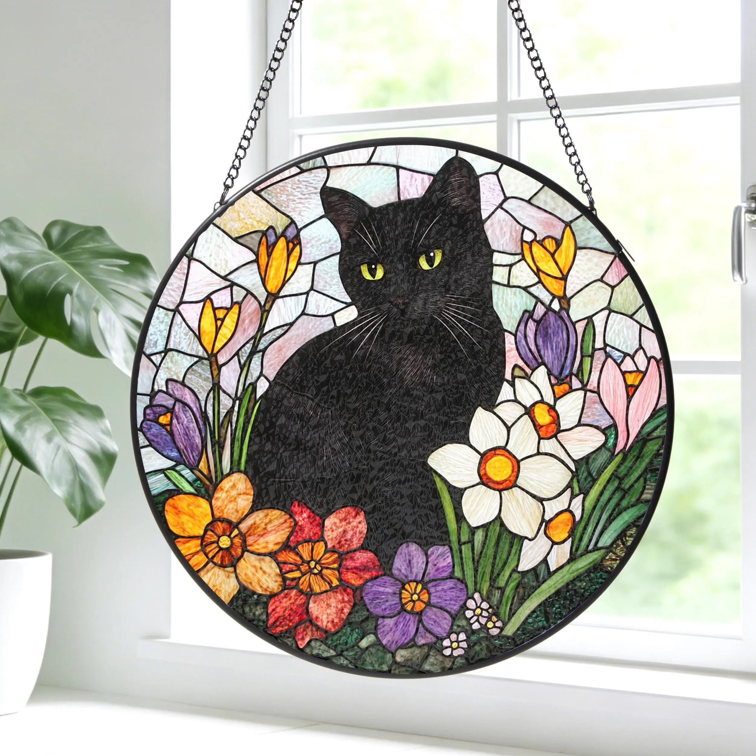 Black Cat Stained Glass Suncatcher, Floral Window Hanging, Gift for Cat Lovers