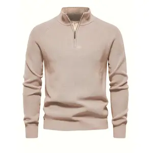 Men's knitwear for autumn and winter - lapel half-zipped knitwear base layer, solid color slim-fit men's sweater   Yellow Plain Beige  Long Sleeve Tops Casual