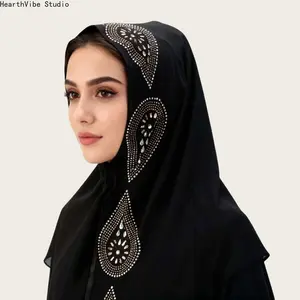Luxury Black Chiffon Hijab with Large Crystal Rhinestone Paisley - Premium Soft Breathable Headscarf, Elegant Muslim Shawl for Wedding, Eid & Formal Evening Party