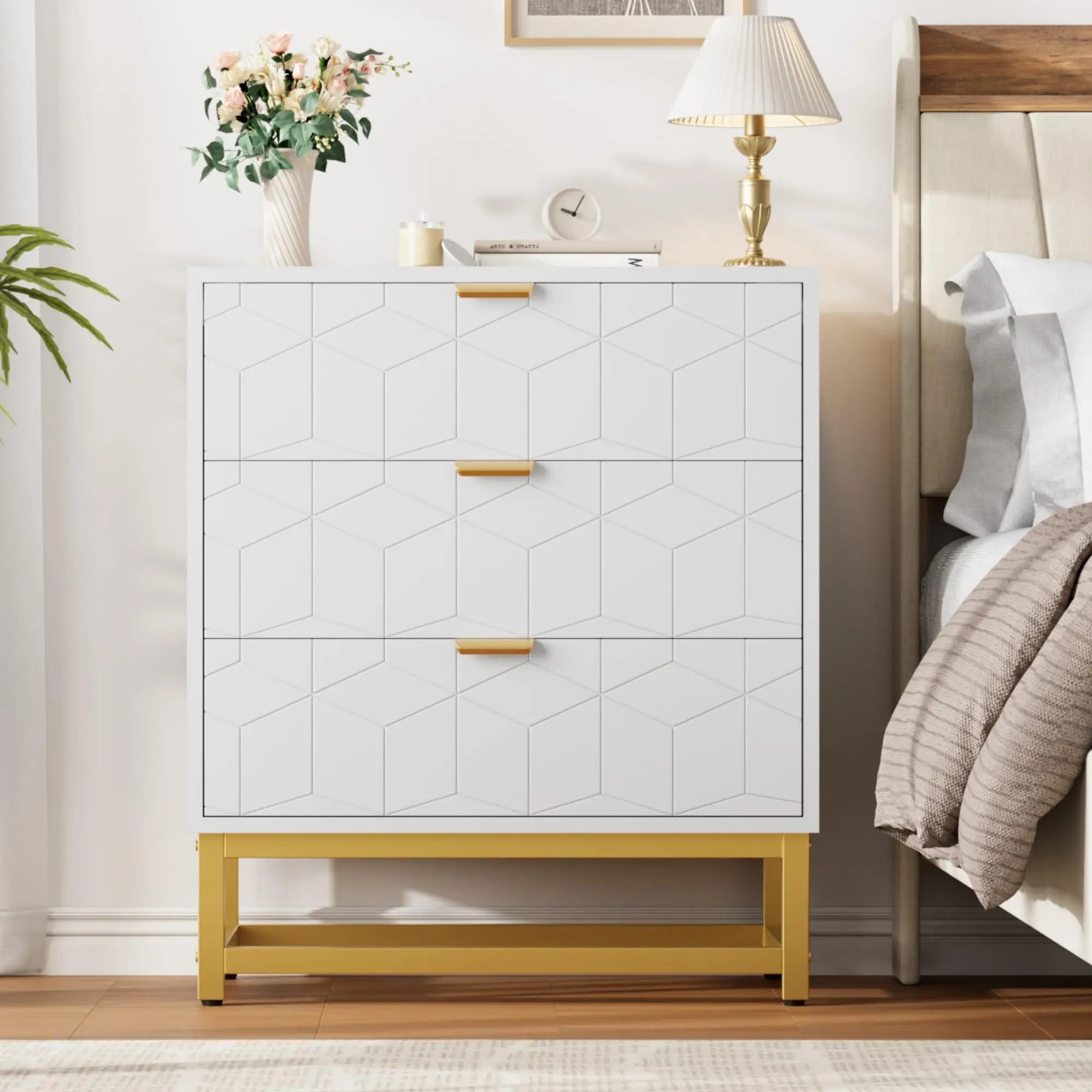 Freestanding 3-Drawer Wood Storage Cabinet - Contemporary Wide Chest with Gold Metal Handles, Metal Legs, Multipurpose Entryway Organizer, Eclectic Indoor Cupboard for Entryway, Bedroom, Contemporary Home Decor