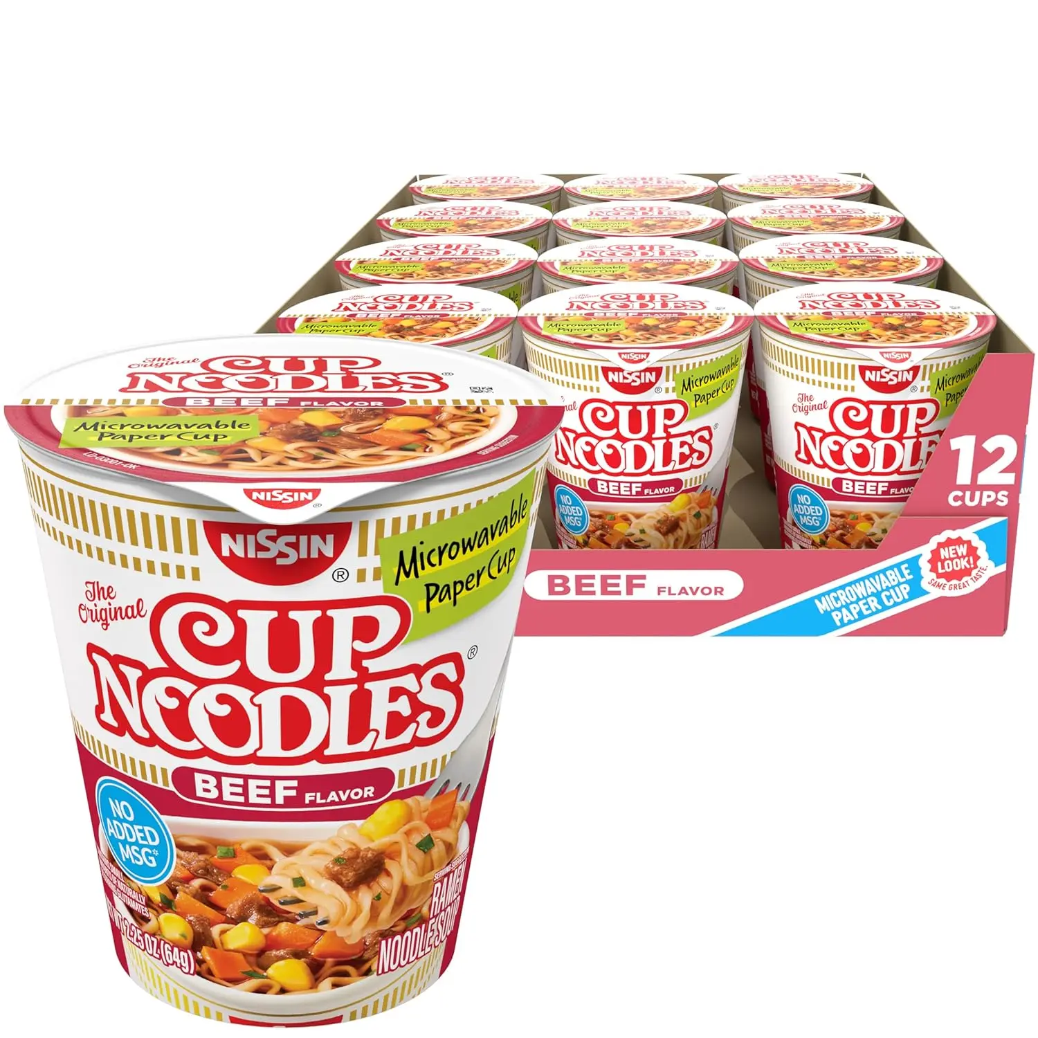 Instant Cup Noodles Beef Flavor (12 Pack) | Microwaveable Ramen Soup Cups 2.25 oz | Quick Easy Meal, On-the-Go Snack