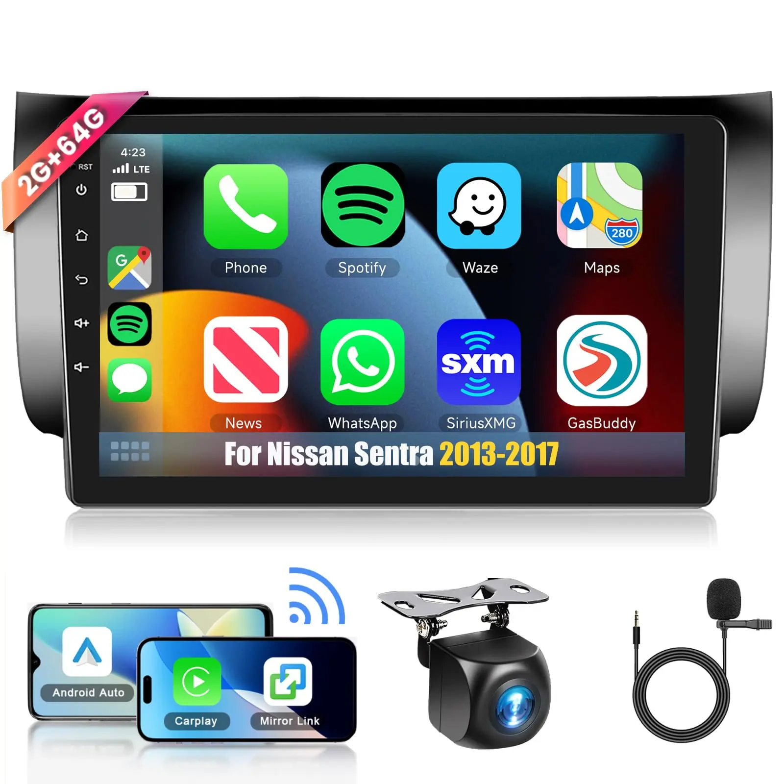 10.1in 2+64G Android Car Stereo Touchscreen Radio for Nissan Sentra 2013-2017, Carplay Touchscreen, GPS Navigation, Wireless Android Auto, Wi-Fi, Bluetooth, FM/RDS, Mirror Link, SWC, Backup Camera, OBD, External Mic, Split Screen, Compatible With Hd Backu