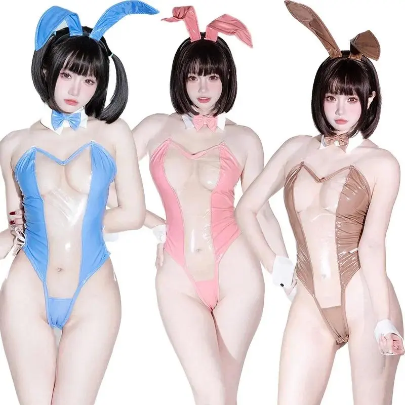 Bunny Girl Costumes Sexy Cute Transparent Bunny Cosplay Lovely Blue Jumpsuit Women Halloween Costume Rabbit Ears Bunny Suit