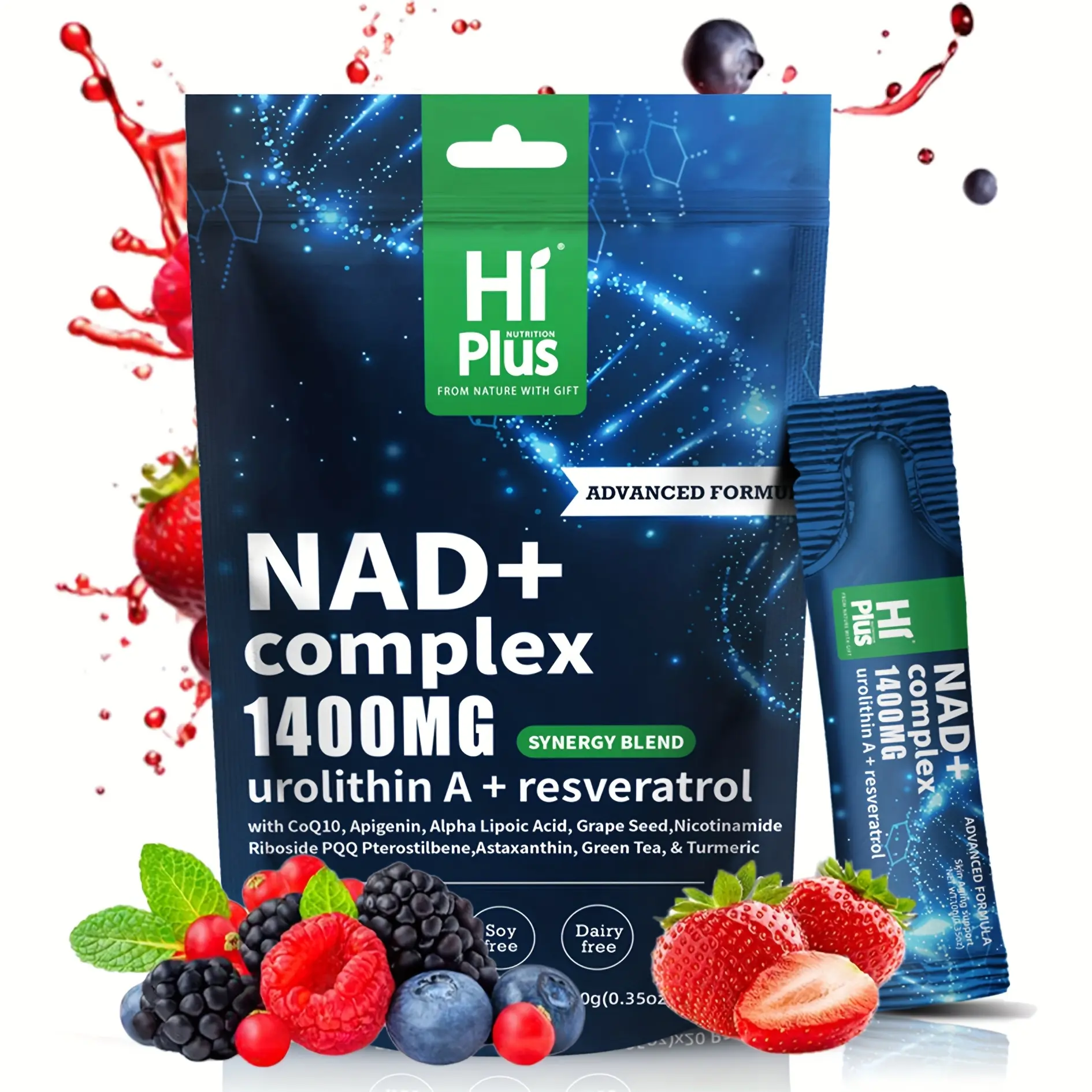 NAD Supplement 1400mg Nicotinamide Riboside PQQ Resveratrol Liposomal Formula Cellular Energy Support Berry Flavor