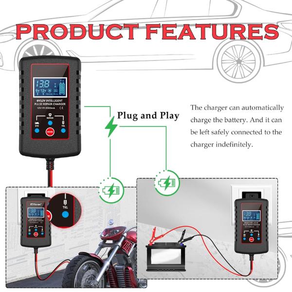 6V 12V Automatic Battery Charger Maintainer for Motorcycle Trickle Float with Smart Pulse Repair and Multiple Protections