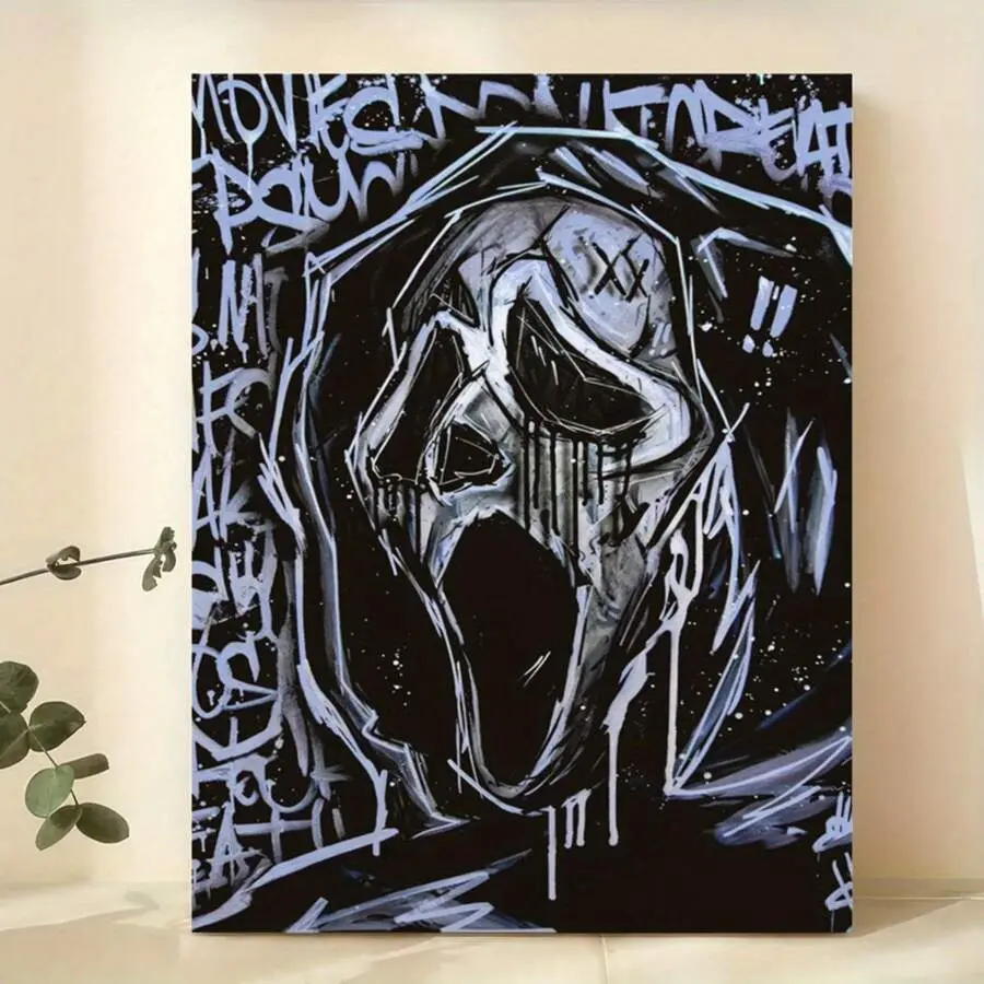 Ghostface Canvas Art Print, Modern Decorative Art Style Black & White Cartoon Poster, Vintage Wall Art Decor For Home, Office, Living Room, Bedroom - Ink Minimalist Illustration For Halloween Decoration,  Home Decor Fall Decor