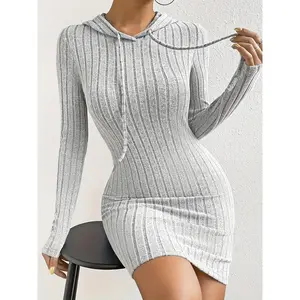 Solid rib drawstring hooded dress, casual long sleeve bodycon dress, WOMEN'S clothing