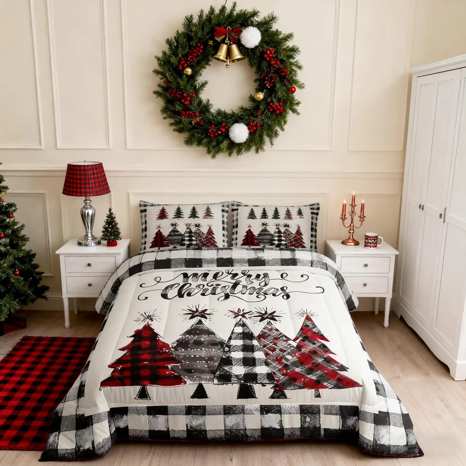 Christmas Trees Kids Comforter Set,Geometric Grids Ink Tie-dye Bedding,Girls Boys Adults Bedroom/Xmas Cabin Decor,Rustic Vintage Down Comforter,Black Grey Retro Duvet Insert