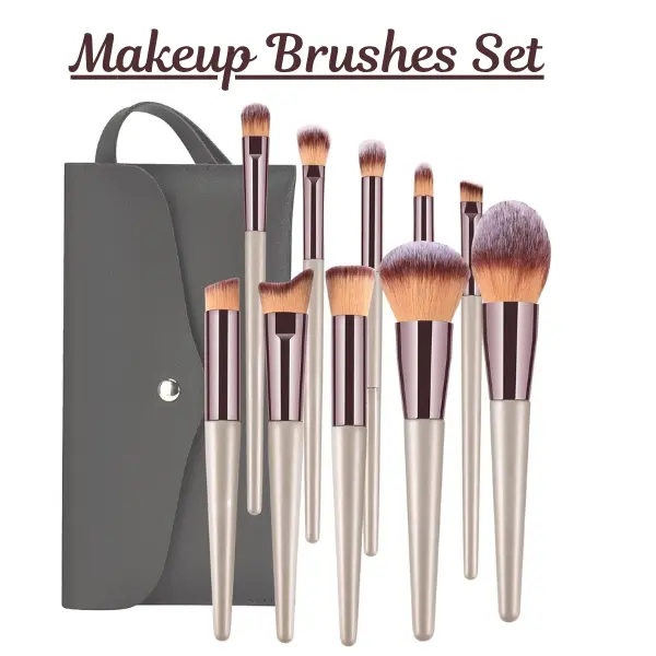 10-Piece Makeup Brush Set with Travel Bag, Professional Champagne Gold Kit with Gentle Bristles for Foundation, Eyeshadow & Blending, Makeup Bag, For Eyeshadow, All, Face Makeup