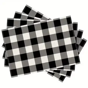 2D flat printing, 2/4/6/8 pieces black and white checkered placemats, Dining table mats, durable, rectangular table mat, suitable for restaurant, kitchen and party decoration