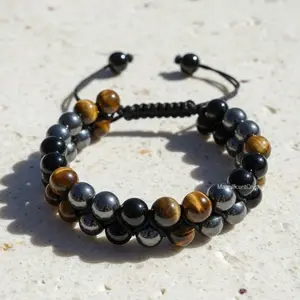 Triple Shield Bracelet Tiger Eye Obsidian Hematite Men Protection Reiki Jewelry